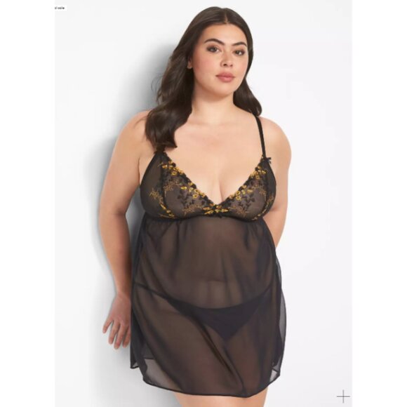 NWT Cacique Embroidered Black & Gold Babydoll 22/24Two Pieces Sheer Sexy Straps - Picture 5 of 11